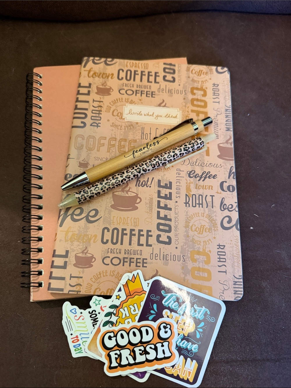 Spiral Coffee-Themed Notebook in Light Brown with pens and stickers